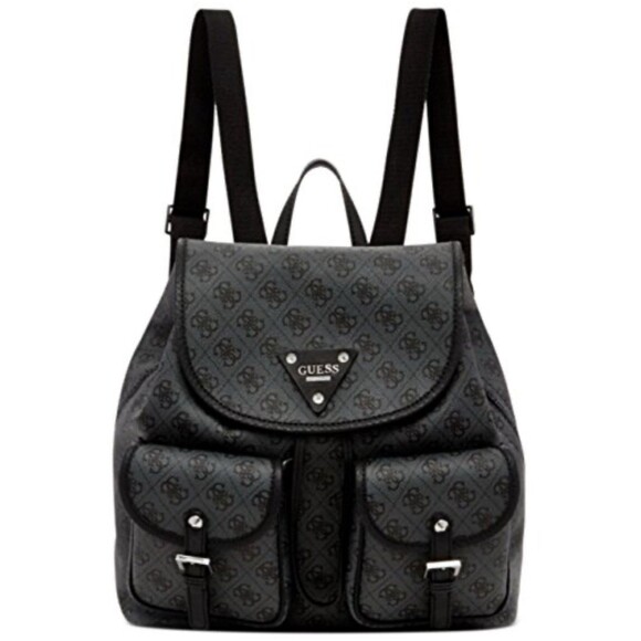 Guess Women’s Double Front Pocket Logo Backpack Handbag In Black/Gray - Picture 1 of 8